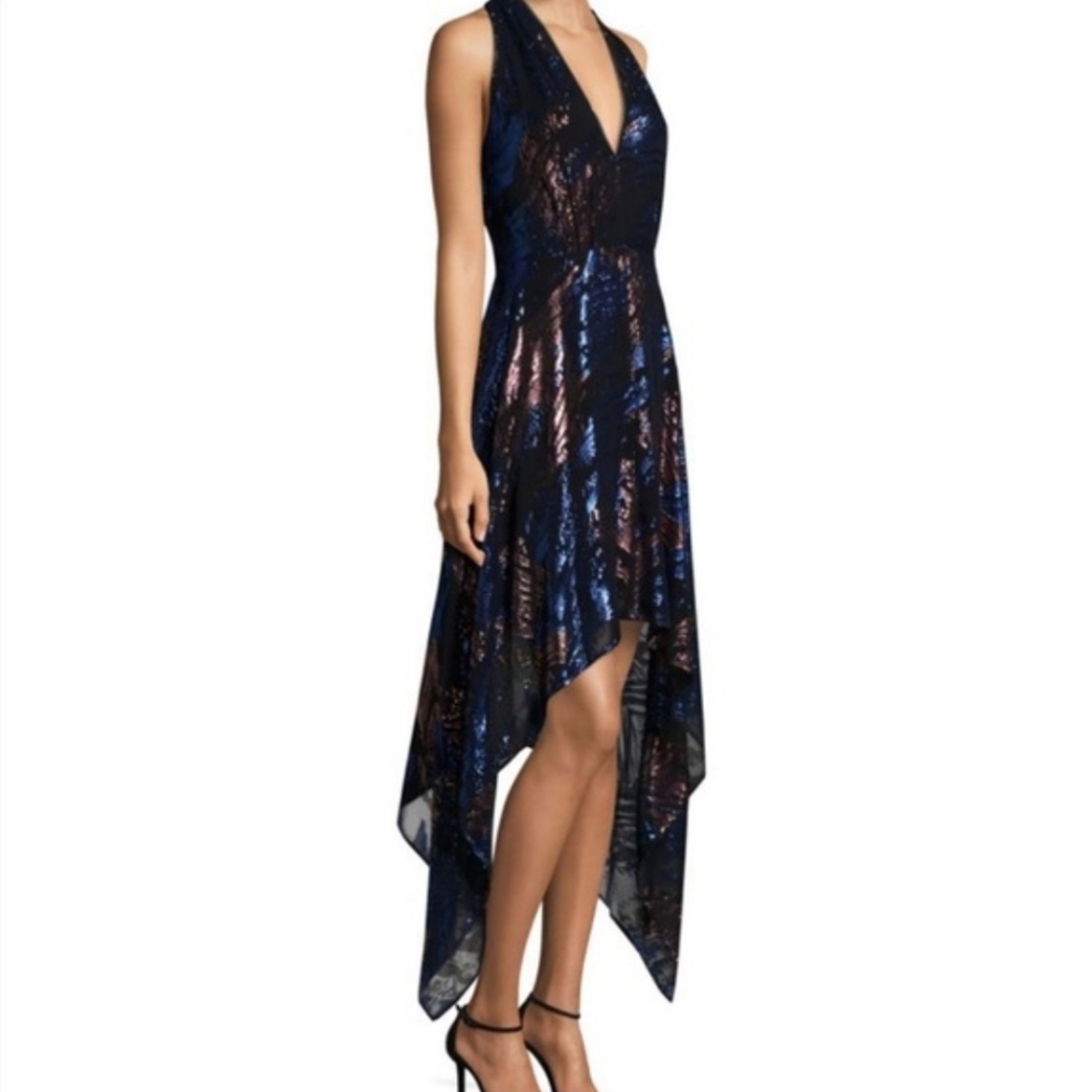 BCBGMAXAZRIA Womens Maegan Metallic Handkerchief Hem Dress